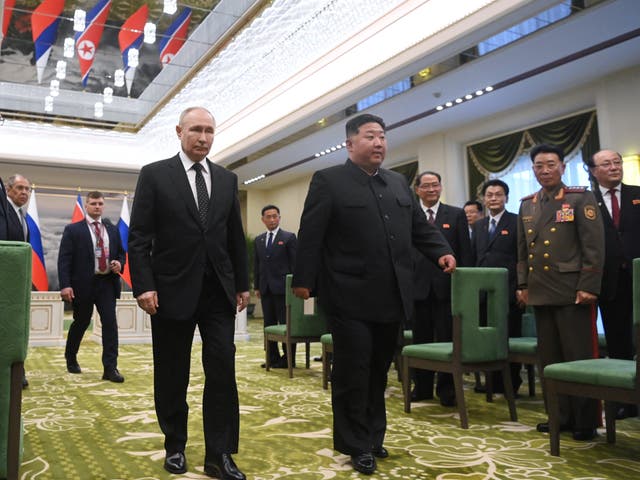 <p>Kim Jong-un with Russian president Vladimir Putin in Pyongyang on 19 June 2024</p>