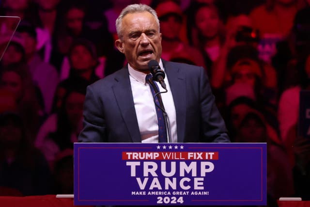 <p>Former presidential candidate Robert F. Kennedy Jr. speaks before Republican presidential nominee, former U.S. President Donald Trump takes the stage during a campaign rally at Madison Square Garden on October 27, 2024 in New York City</p>