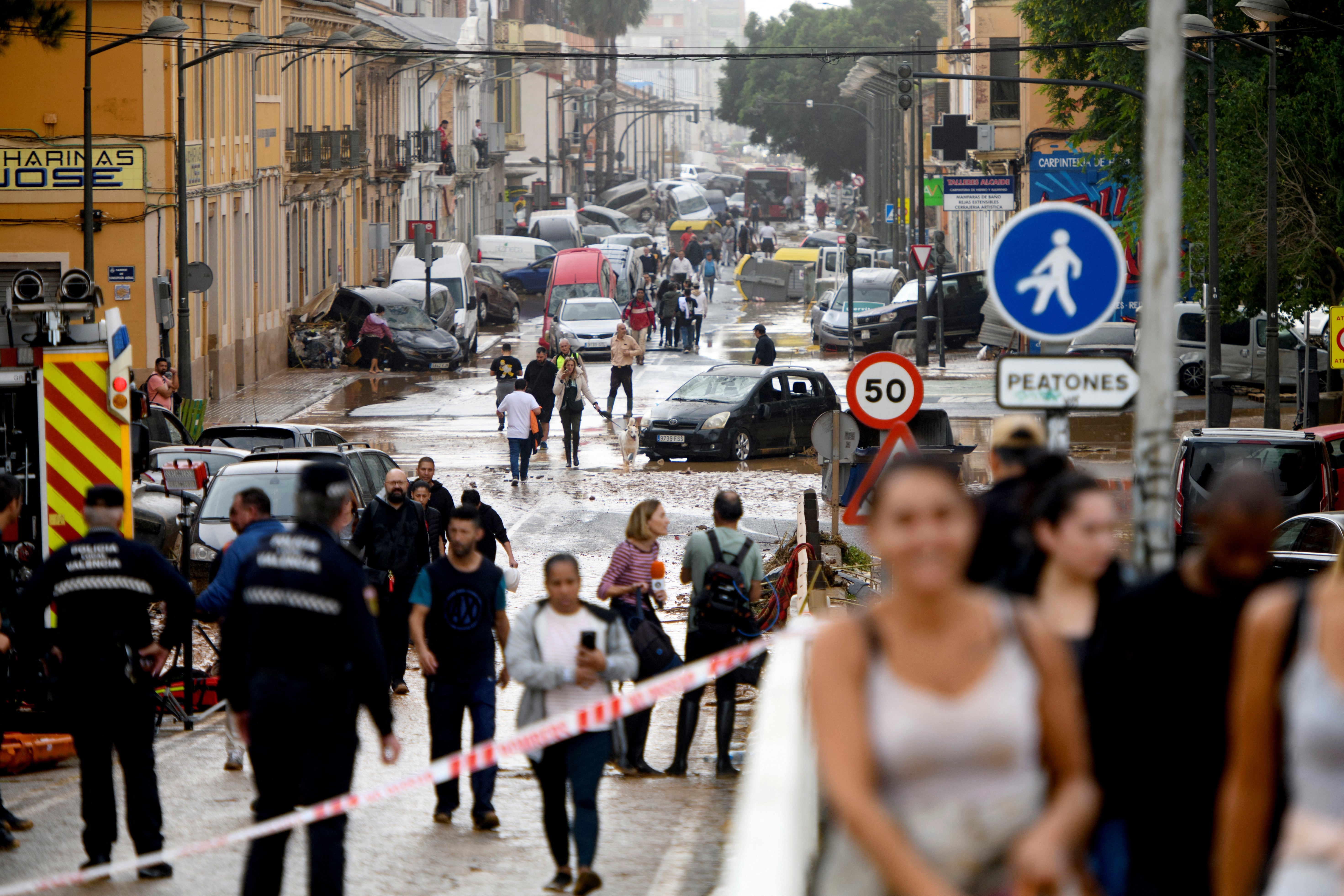 A trail of destruction along a main street in the De La Torre district of Valencia