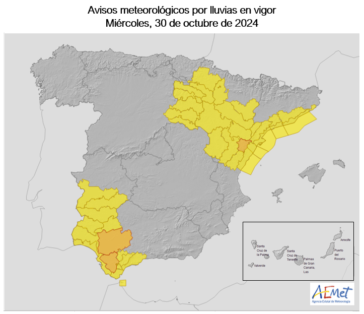 Warnings have been issued for regions in the southwest and northeast of Spain following the flash flood in Valencia