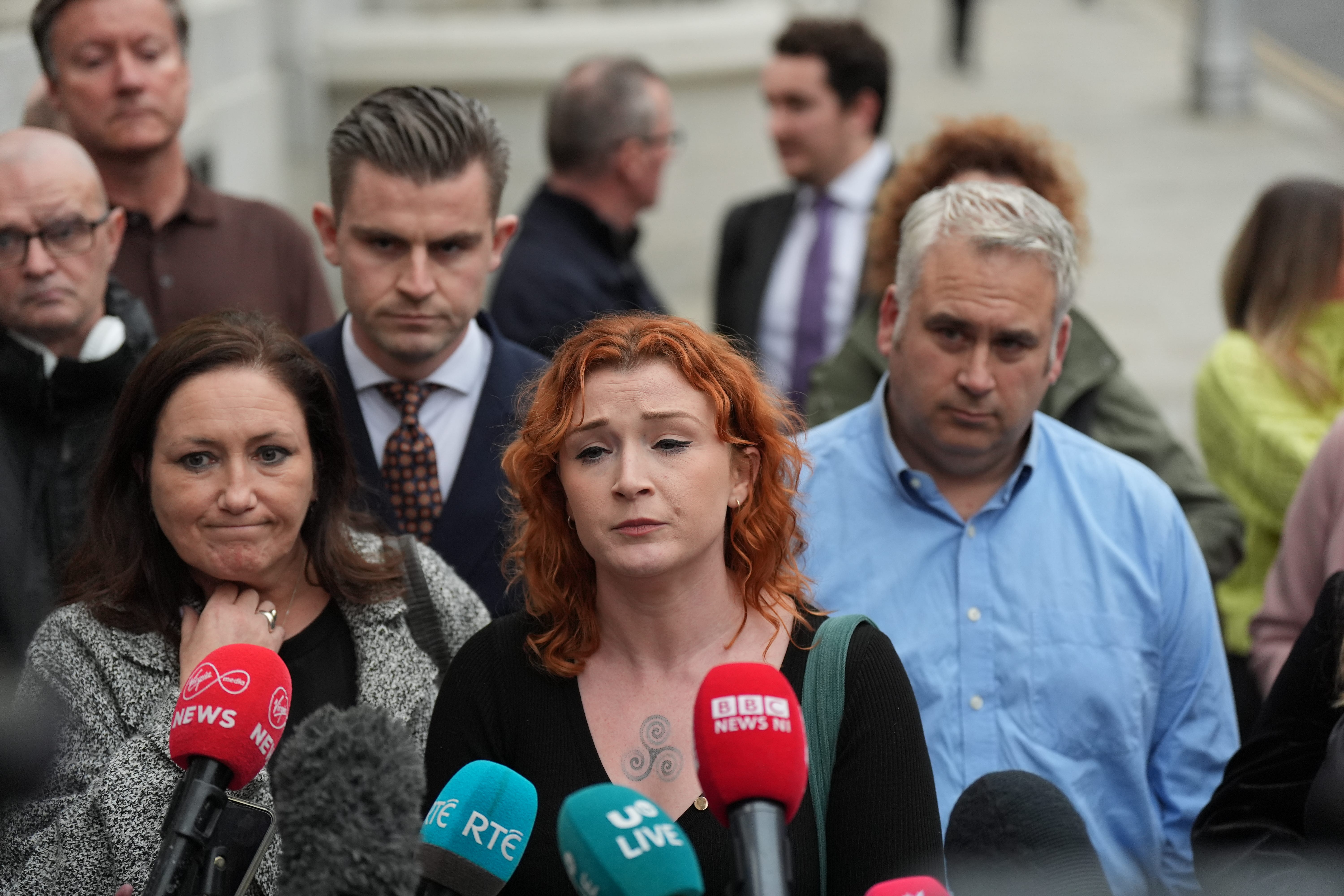 Aine Flanagan, solicitor Darragh Makin, Shona Gallagher and Hugh Harper speak to the media as they join families affected by the explosion at the Applegreen service station Creeslough, Co Donegal (Niall Carson/PA)