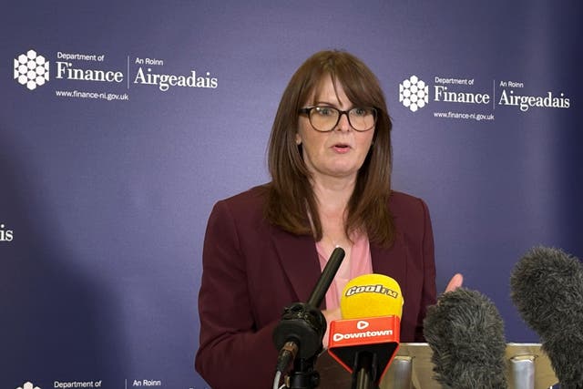 Caoimhe Archibald reacts to the Budget at the Department of Finance at Clare House in Belfast (Rebecca Black/PA)