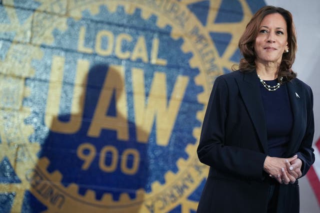 <p>Kamala Harris campaigns at a union hall in Michigan in August</p>