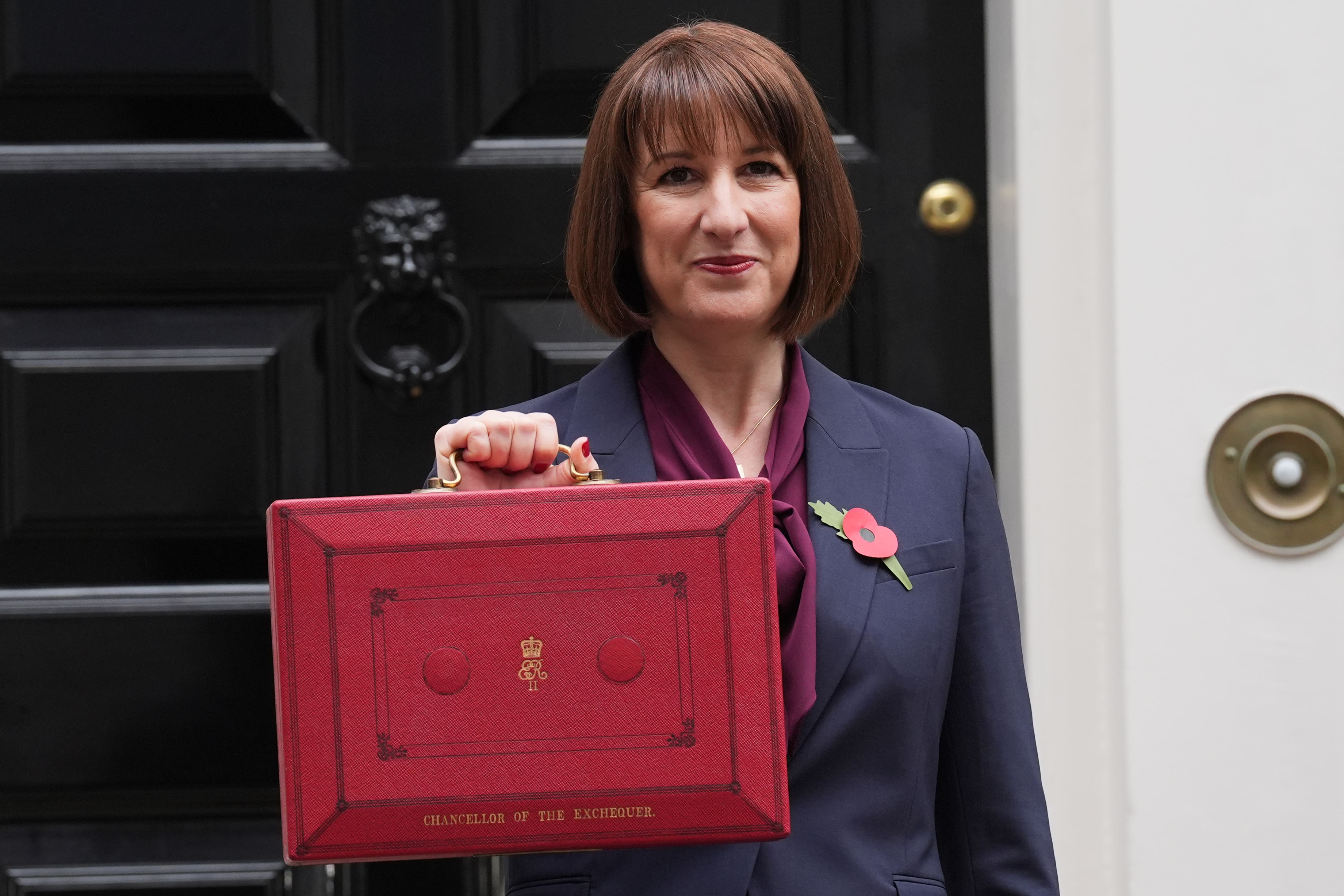 Chancellor of the Exchequer Rachel Reeves poses outside 11 Downing Street, London, with her ministerial red box, before delivering her Budget (Lucy North/PA)