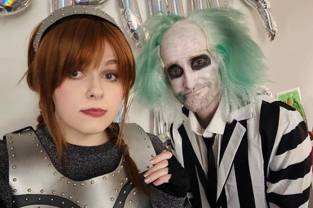 Chappell Roan and Beetlejuice were the inspiration behind David Roskin and his friend Fae’s costumes (David Roskin/PA)