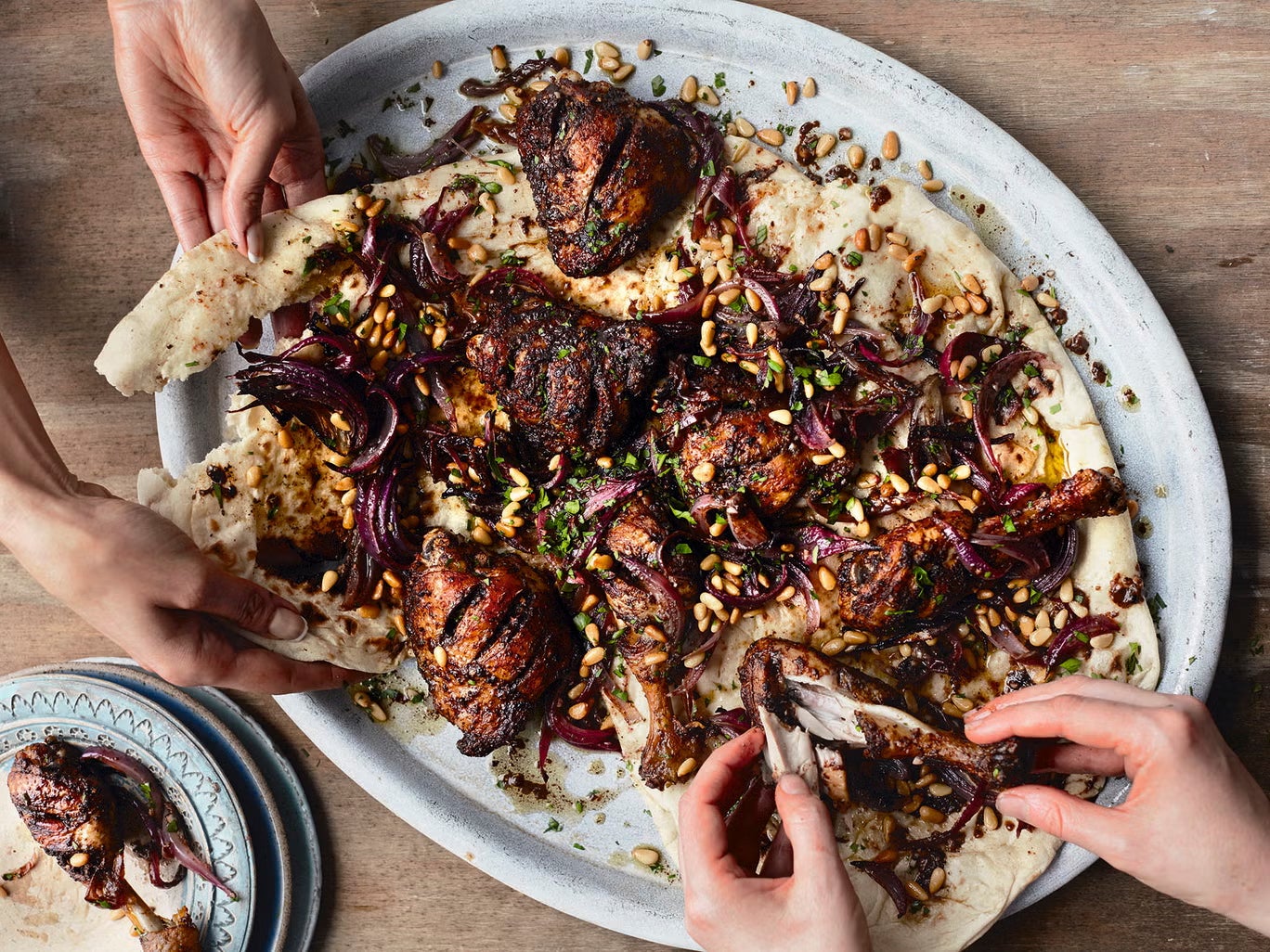 Spiced with a Levantine flair and served on naan for tearing and sharing – because why shouldn’t your roast chicken have swagger?