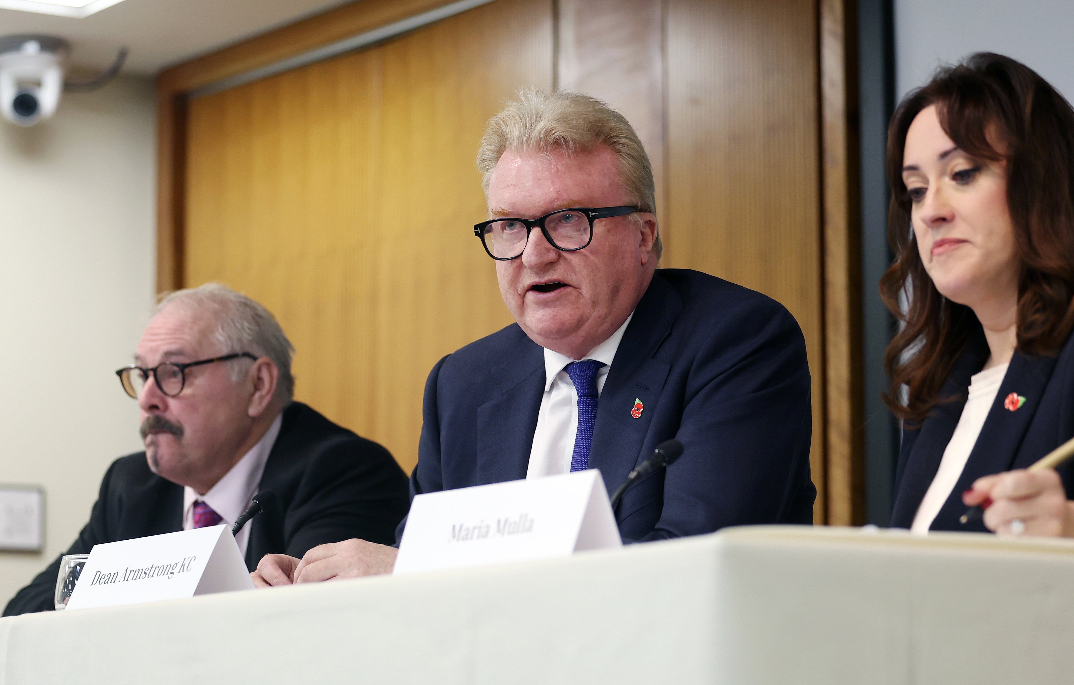 From left to right: barristers Bruce Drummond, Dean Armstrong KC and Maria Mulla address the media during a Justice for Harrods Survivors press conference in London on 31 October