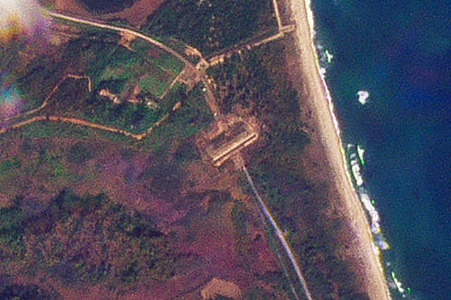 <p>This satellite image from Planet Labs PBC shows digging along a road in the Demilitarized zone between North and South Korea </p>