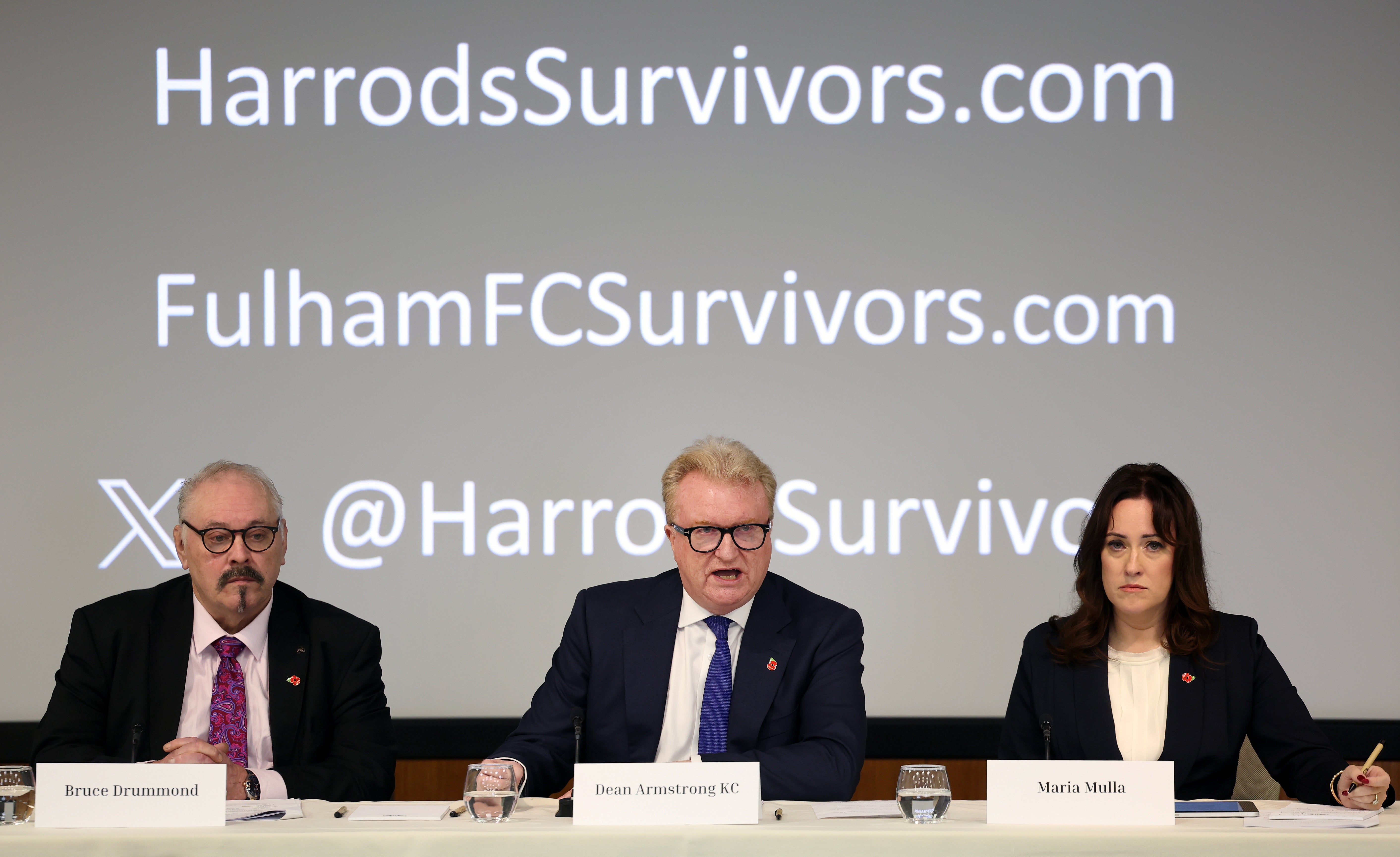 Barristers Bruce Drummond, Dean Armstrong KC and Maria Mulla address the media during a Justice for Harrods Survivors press conference on Thursday morning