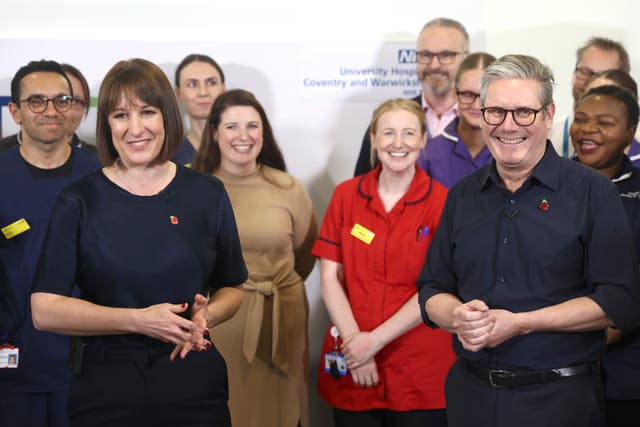 <p>Chancellor Rachel Reeves with the prime minister Keir Starmer on a post-Budget visit to University Hospital Coventry and Warwickshire</p>