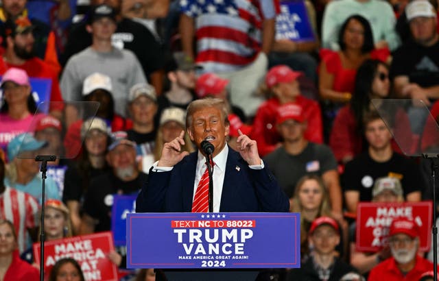 <p>Donald Trump speaks in Rocky Mount, North Carolina on Wednesday. He went on a bizarre rant about Hurricane Helene before praising voters for beating turnout records in the state</p>