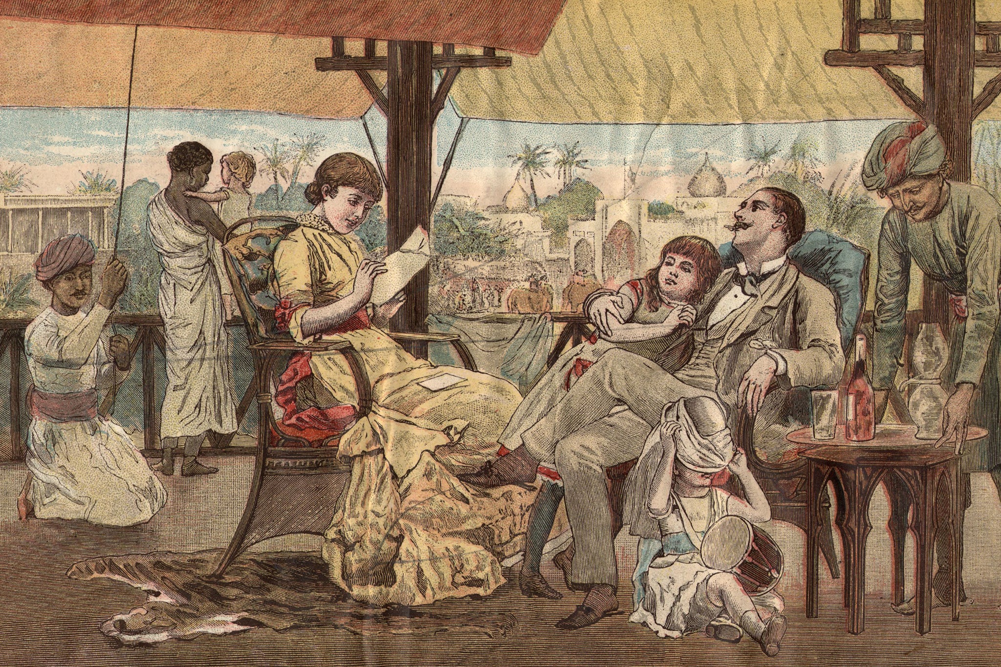 An illustration of a British family celebrating Christmas in India, circa 1900