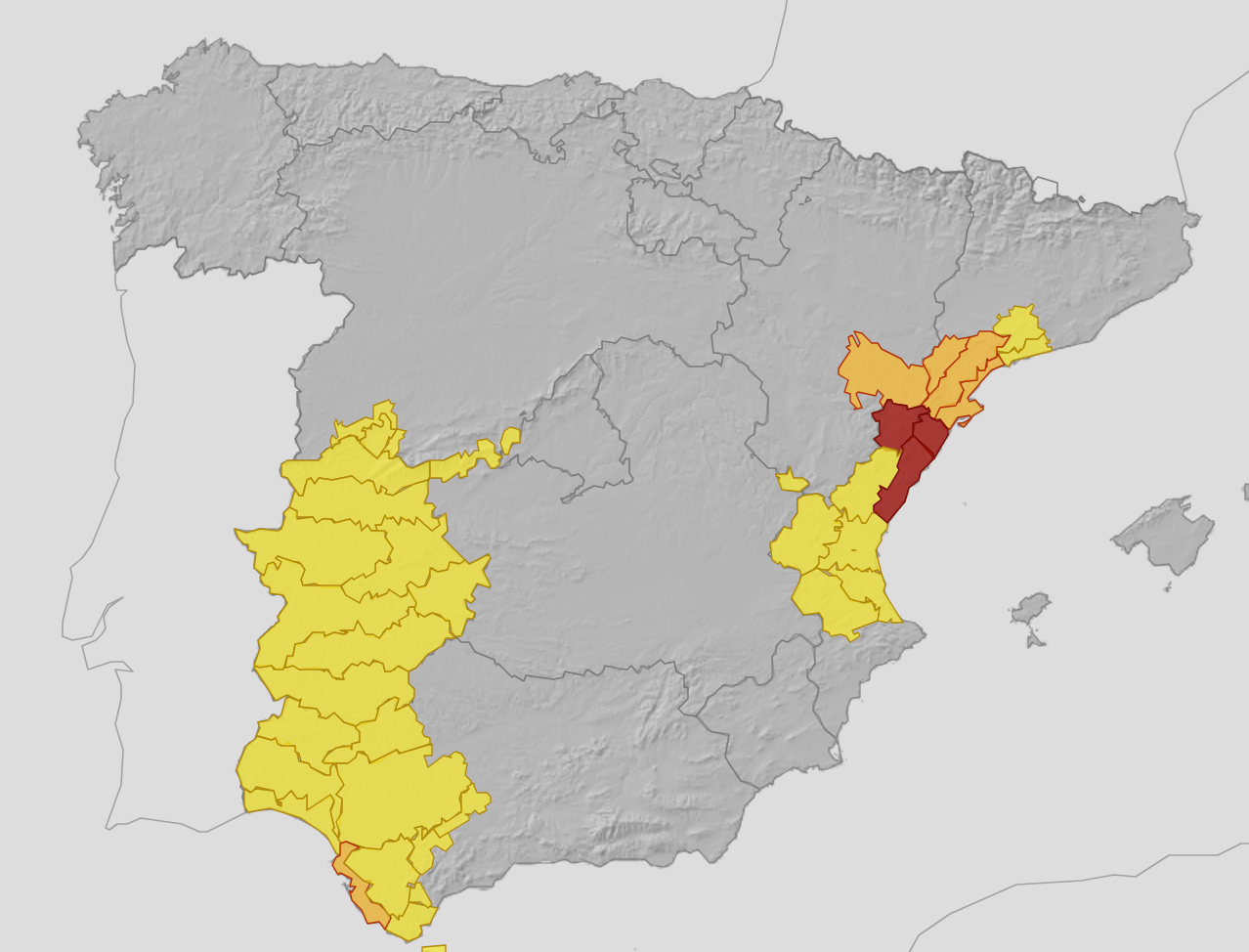 Weather warnings have been issued along the Spanish east coast and the border with Portugal