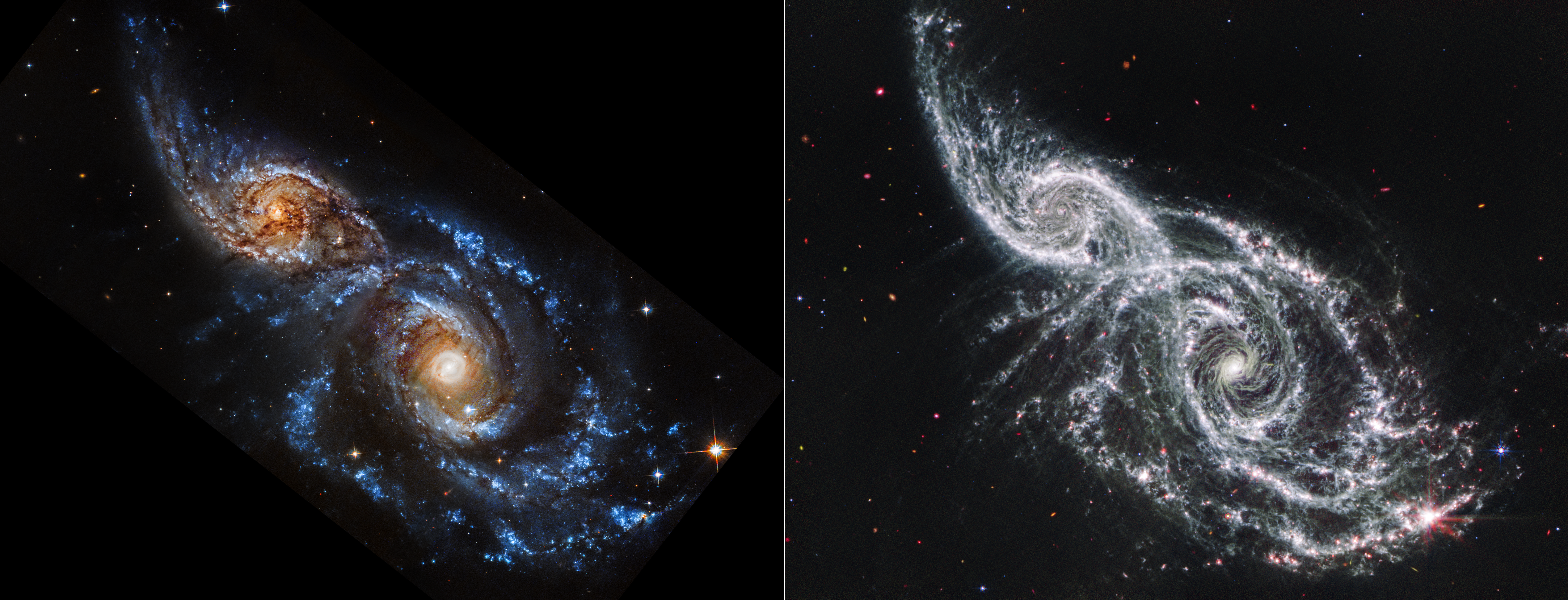 To the left, the Hubble Space Telescope captures the spiral galaxies IC 2163 and NGC 2207 in ultraviolet and visible light. On the right, the James Webb Space Telescope shows cold dust on the galaxies’ arms.