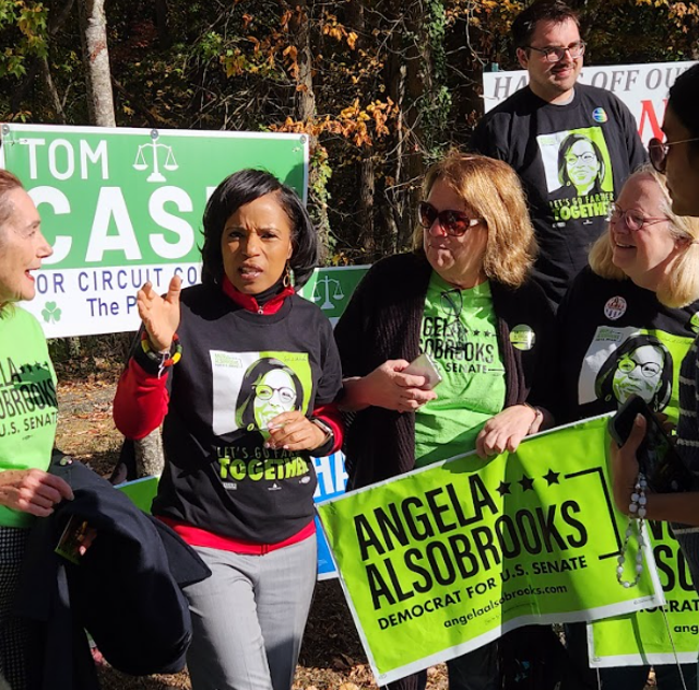 <p>Angela Alsobrooks meets supporters and campaign volunteers in Annapolis as she battles Larry Hogan for the state’s open Senate seat</p>