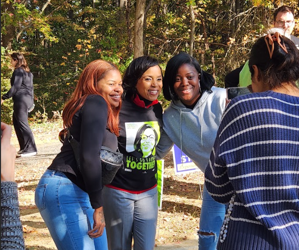 Angela Alsobrooks greets supporters and volunteers at an early voting center ahead of Election Day in Maryland’s Senate race. On Wednesday, she campaigned in Annapolis and Baltimore.