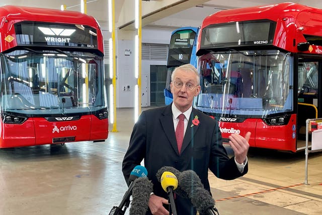 Northern Ireland Secretary Hilary Benn at the Wrightbus factory in Ballymena (David Young/PA)