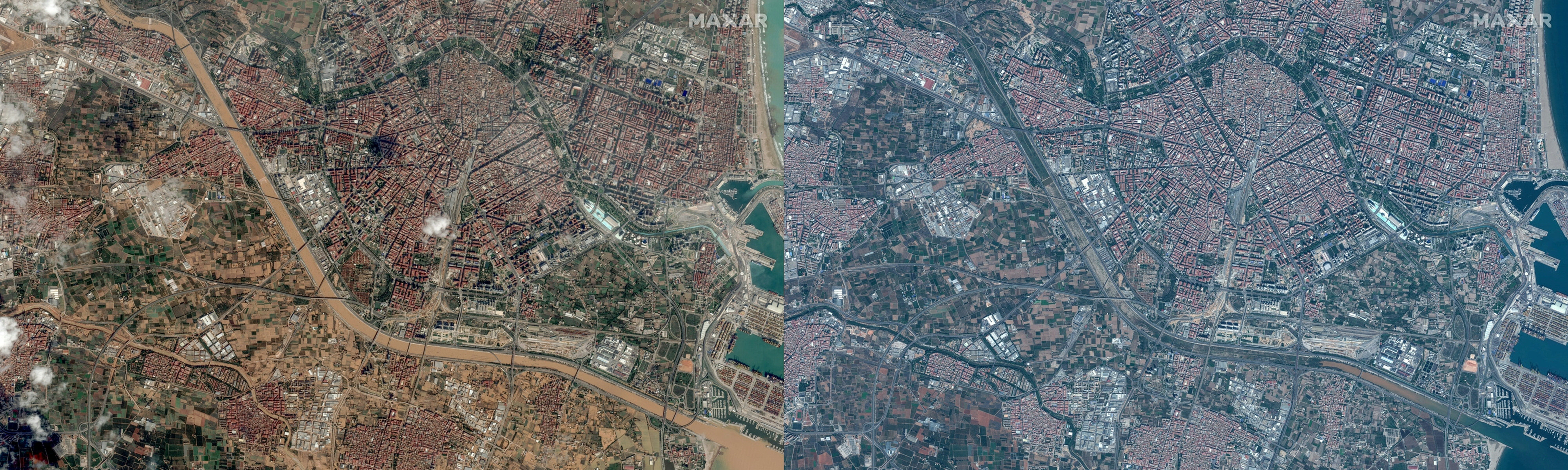 Satellite pictures show Valencia after (L) and before (R) deadly flash floods