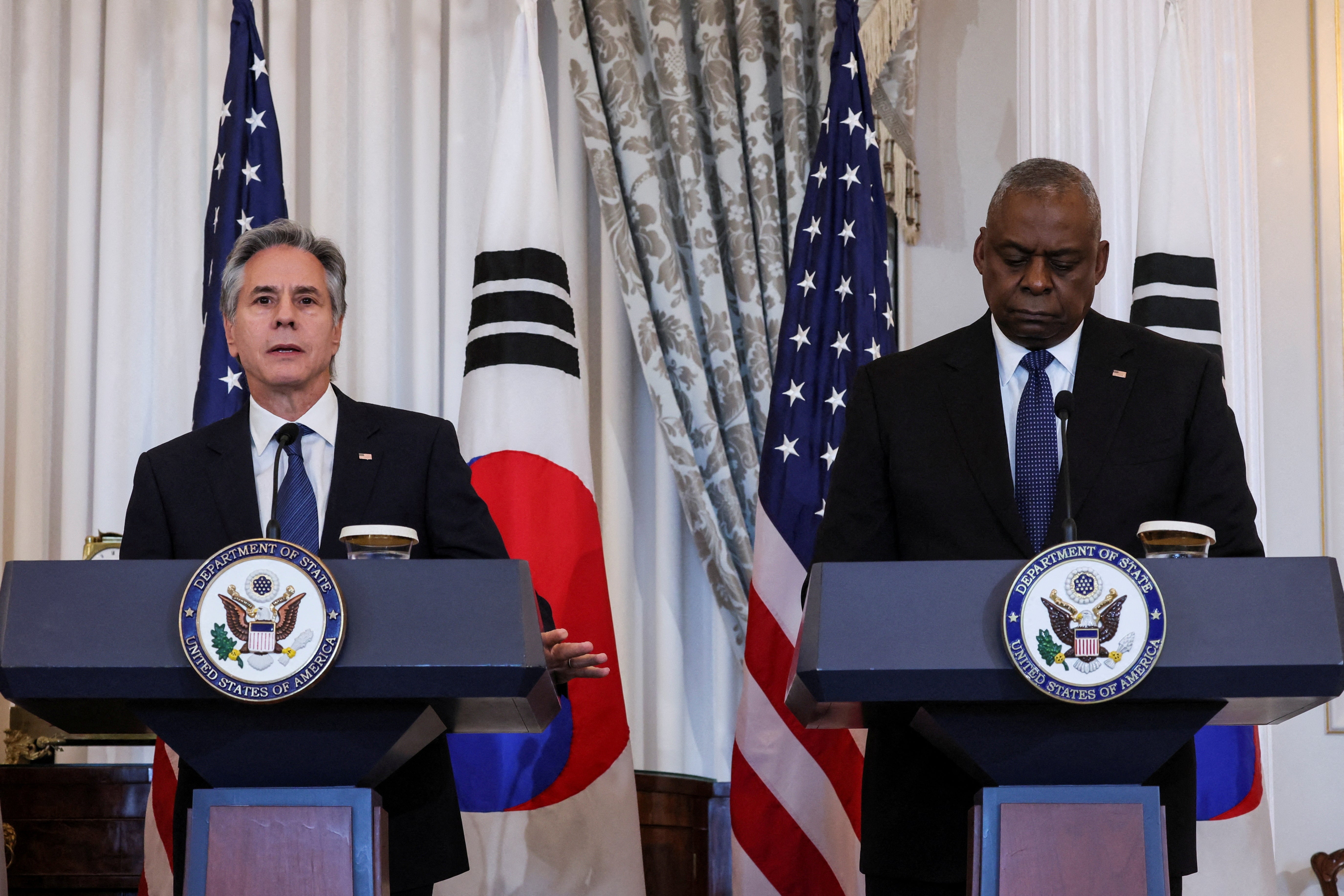 <p>US secretary of state Antony Blinken and defence secretary Lloyd Austin hold a joint press conference in Washington on 31 October 2024</p>
