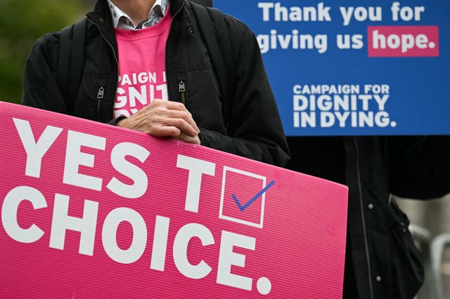 <p>A demonstration in favour of the proposal to legalise euthanasia in the UK outside the Houses of Parliament in London on  16 October 2024</p>