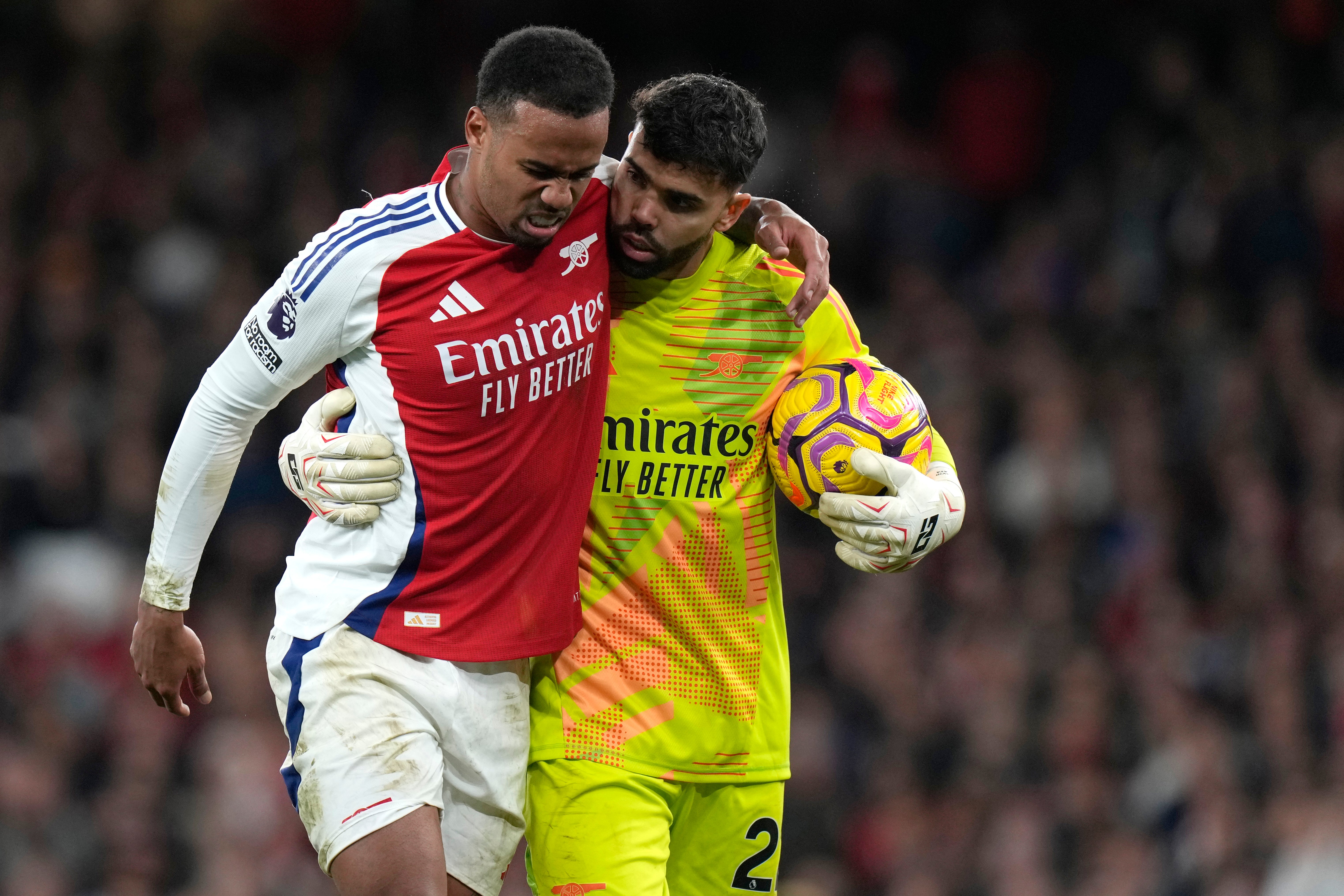 Arsenal defender Gabriel (left) was subbed off against Liverpool but his injury isn’t as serious as first feared