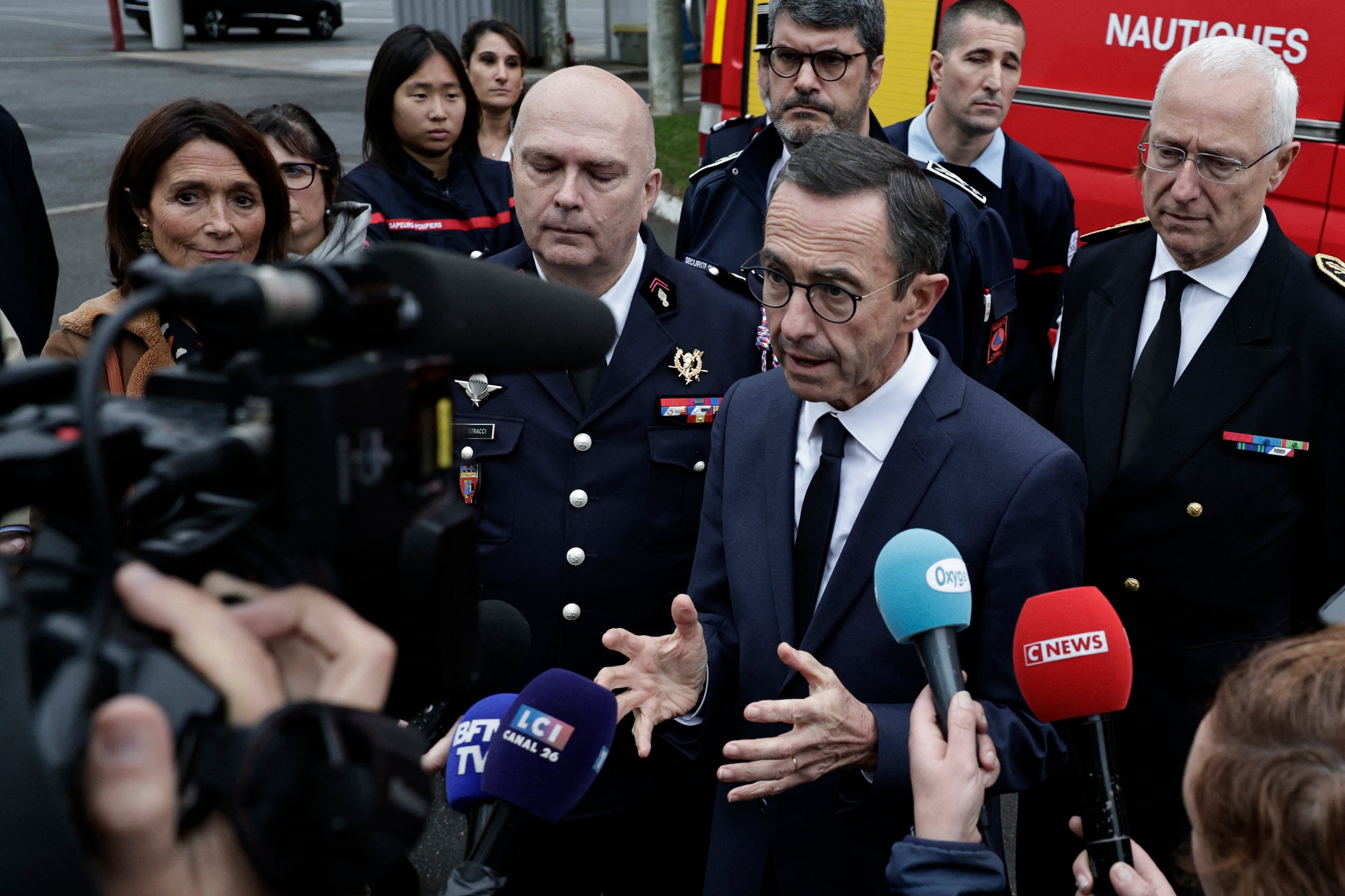 France’s minister of the interior Bruno Retailleau speaks with the media on 31 October