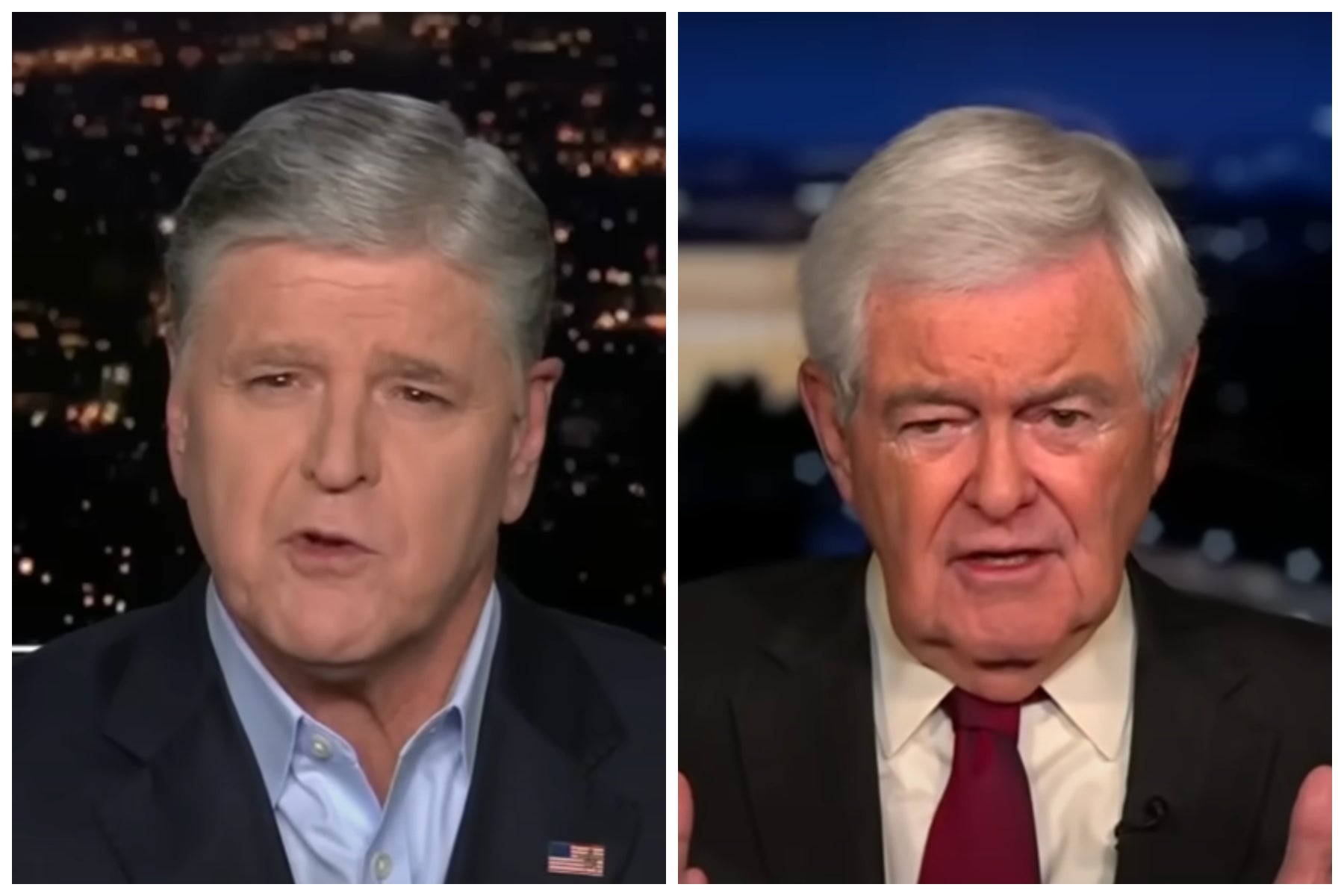 Sean Hannity (left) and Newt Gingrich (right) both criticized a recent ad for the Harris–Walz campaign that encourages women to vote for the right candidate even if it differs from their spouse’s vote