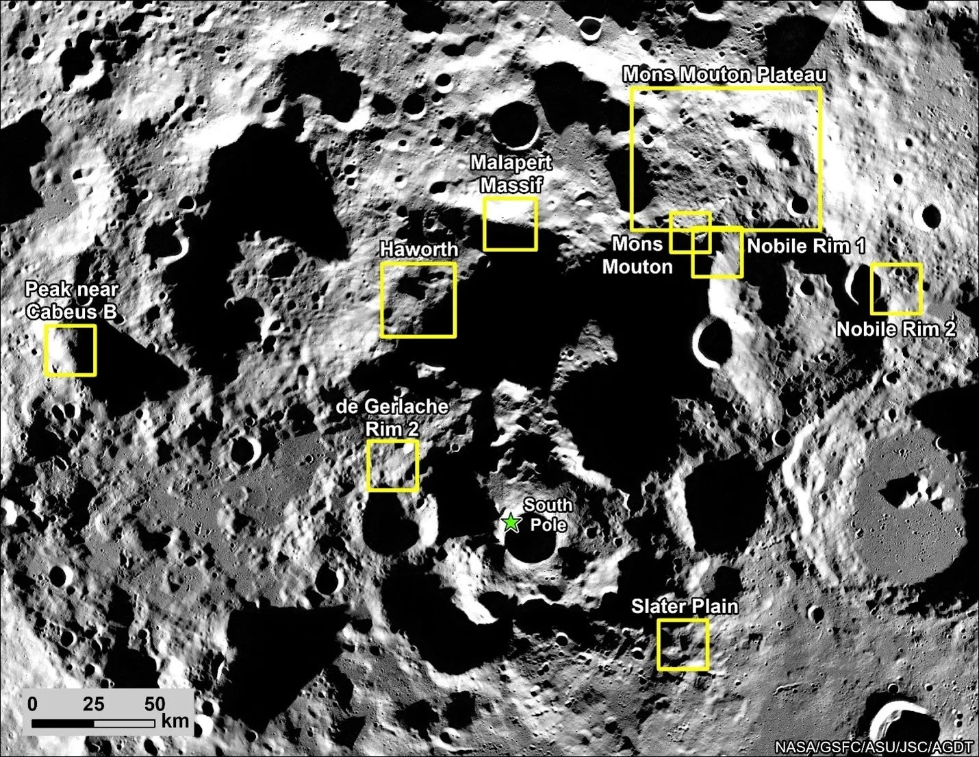 A NASA image shows the nine possible landing regions for NASA’s Artemis III mission. The lunar South Pole has never been explored by a crewed mission before