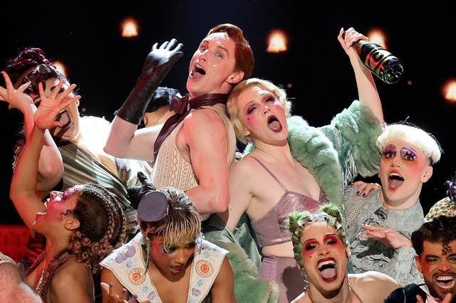 <p>Squirming menace: Redmayne and the cast of ‘Cabaret’ perform at the Tony Awards earlier this year </p>
