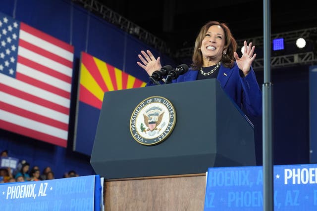 <p>Democratic presidential nominee Vice President Kamala Harris speaks during a campaign event at Talking Stick Resort Amphitheatre, Thursday, Oct. 31, 2024, in Phoenix</p>