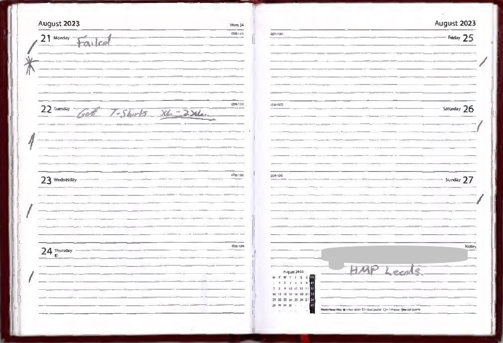 An asterisk and the word ‘failed’ next to the date of 21 August in Daniel Khalife’s prison diary