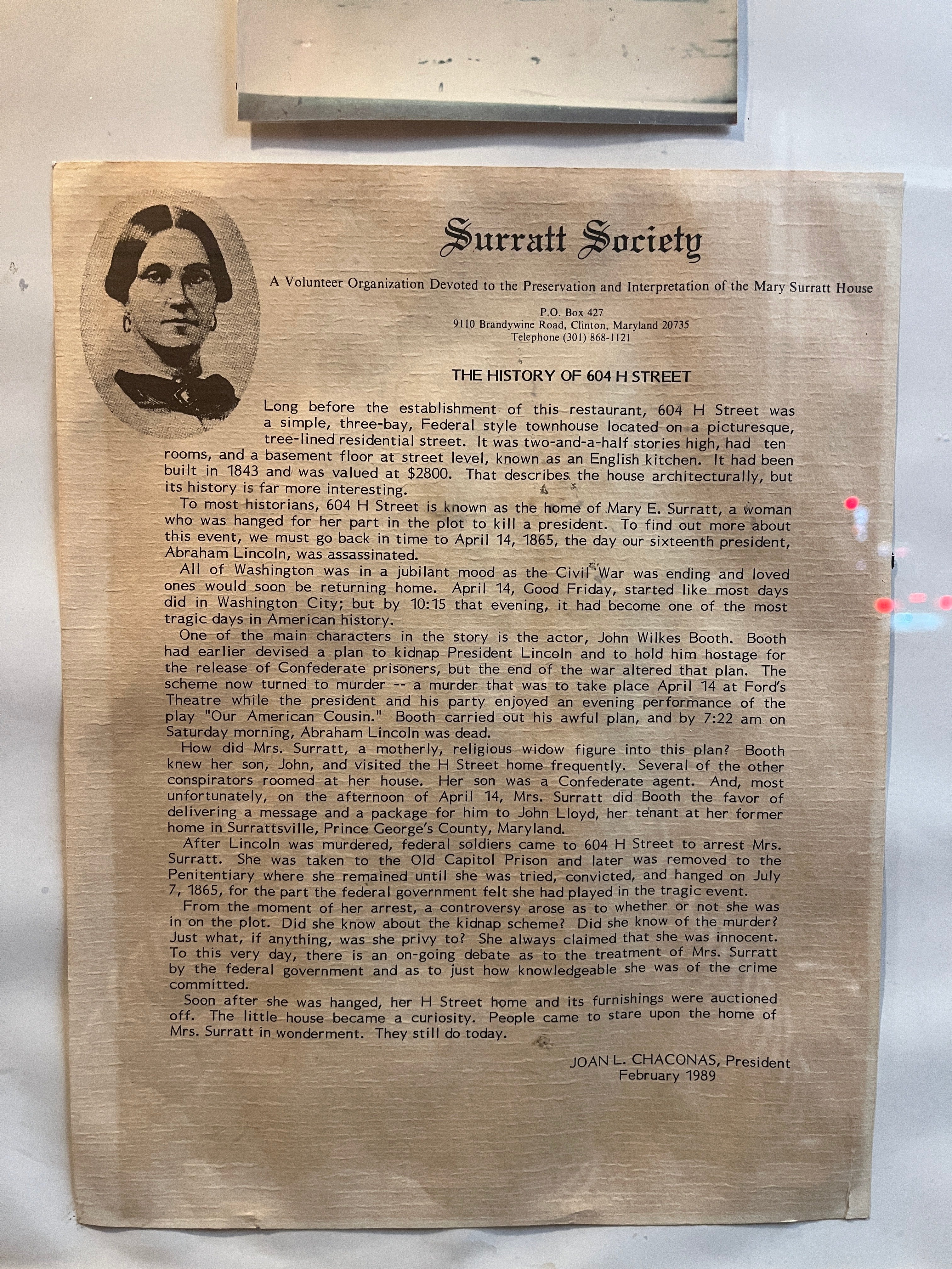 A letter from the Surratt Society hangs in the restaurant’s entryway