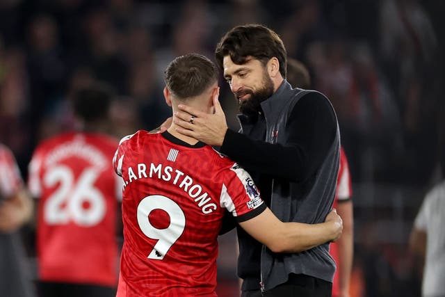 Southampton manager Russell Martin celebrates with match-winner Adam Armstrong (Steve Paston/PA)