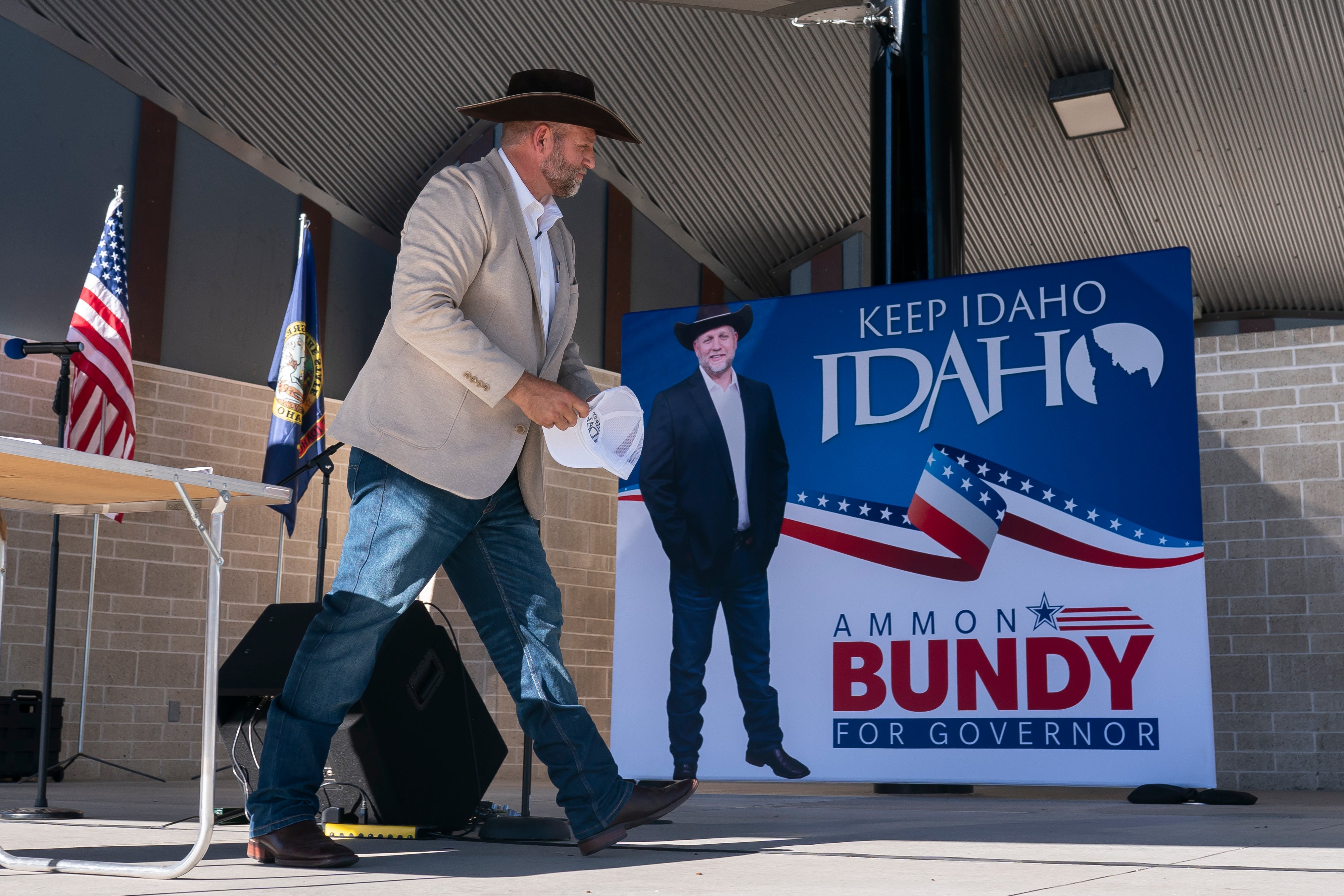 Ammon Bundy announces his candidacy for governor of Idaho during a campaign event on June 19, 2021 in Boise, Idaho.