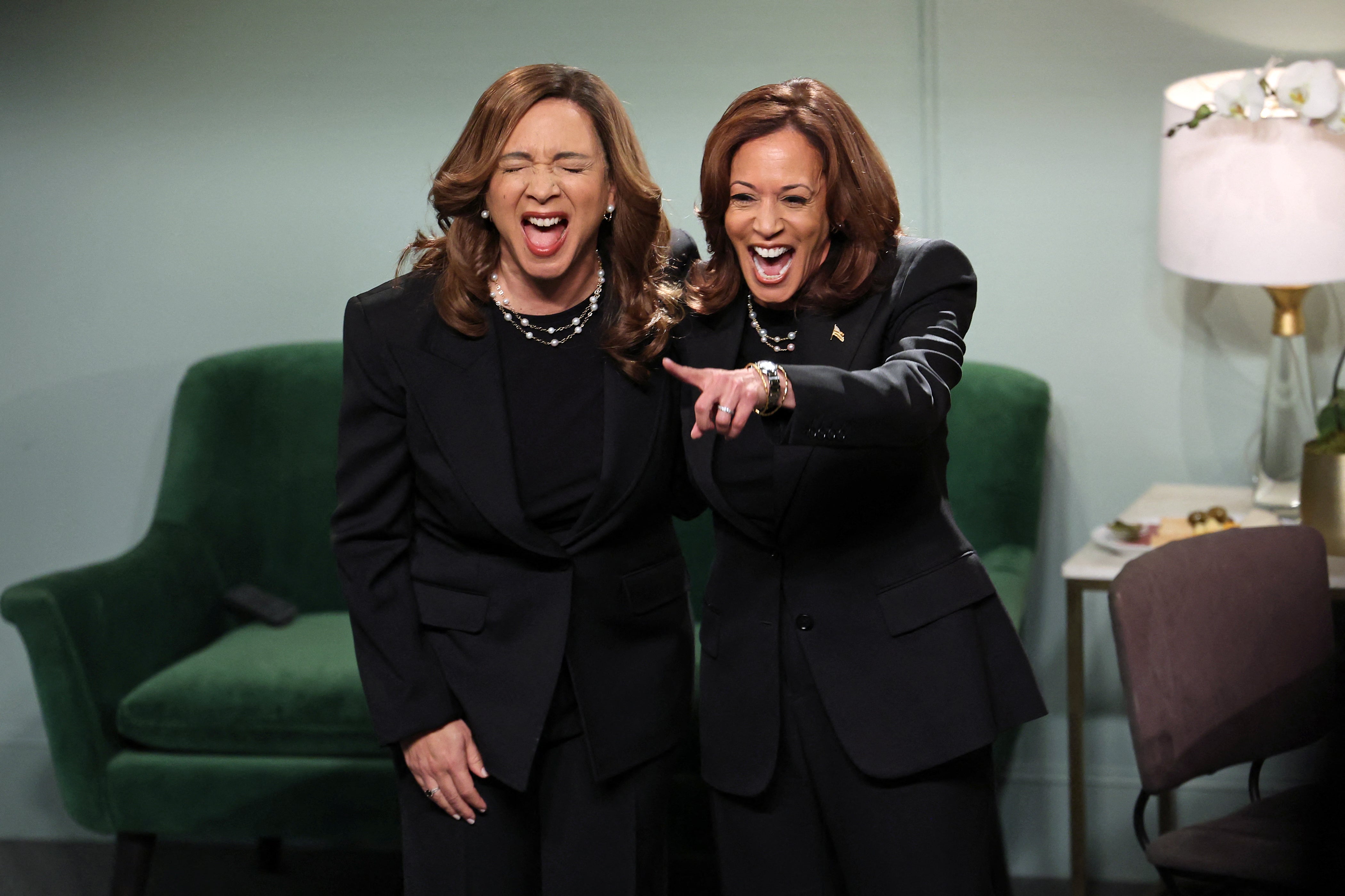 US Vice President and Democratic presidential candidate Kamala Harris and US actress Maya Rudolph participate in “Saturday Night Live” (SNL) live late-night sketch comedy show at NBC studios in New York City on November 2, 2024