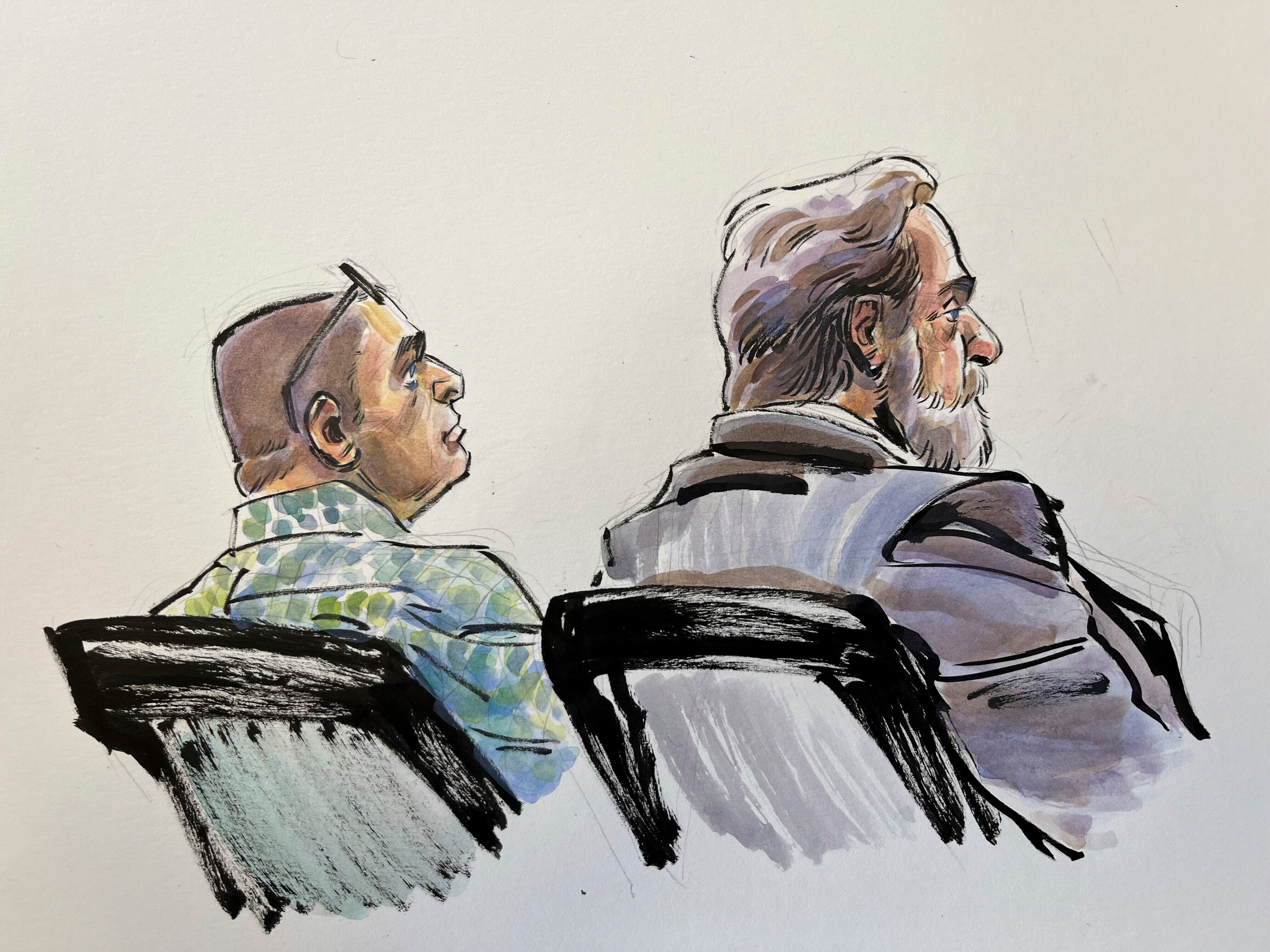 In this courtroom sketch, Richard Allen, left, is seated next to one of his defense attorneys, Andrew Baldwin, inside a courtroom at the Carroll County Courthouse in Delphi on October 28