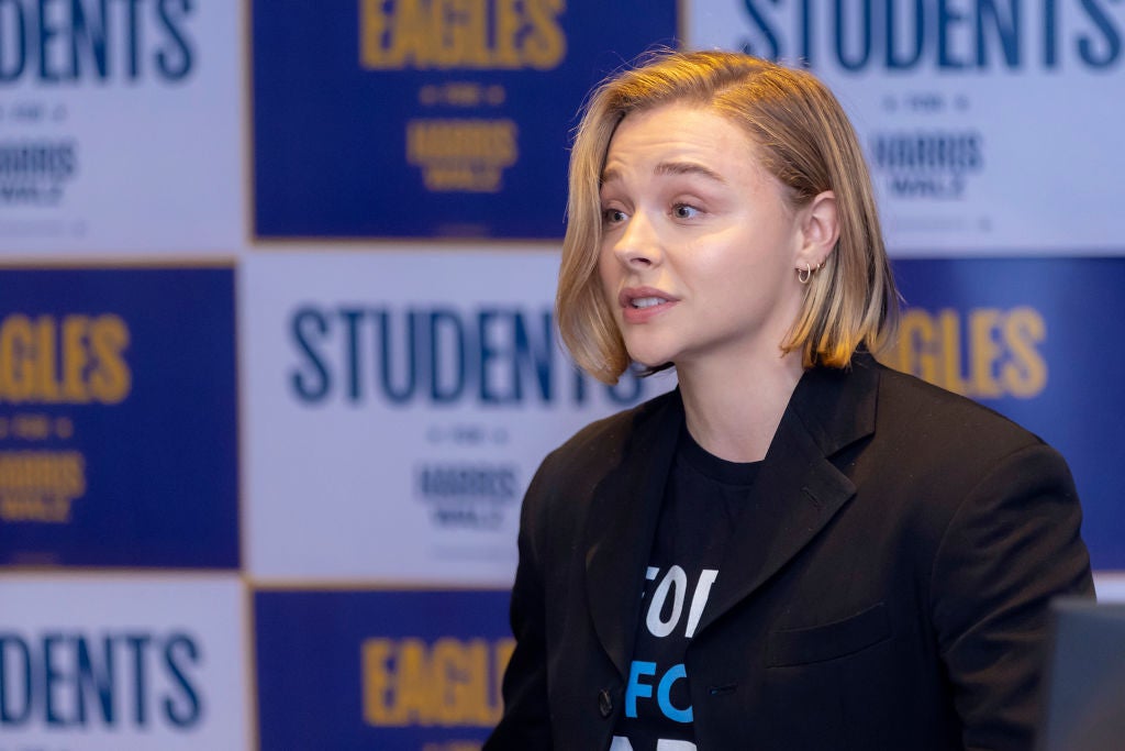 Chloe Grace Moretz speaks at Emory University to rally young voters for Harris-Walz on October 04, 2024