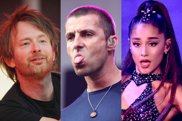 <p>Chart attacks: Radiohead’s Thom Yorke, Liam Gallagher of Oasis and Ariana Grande</p>