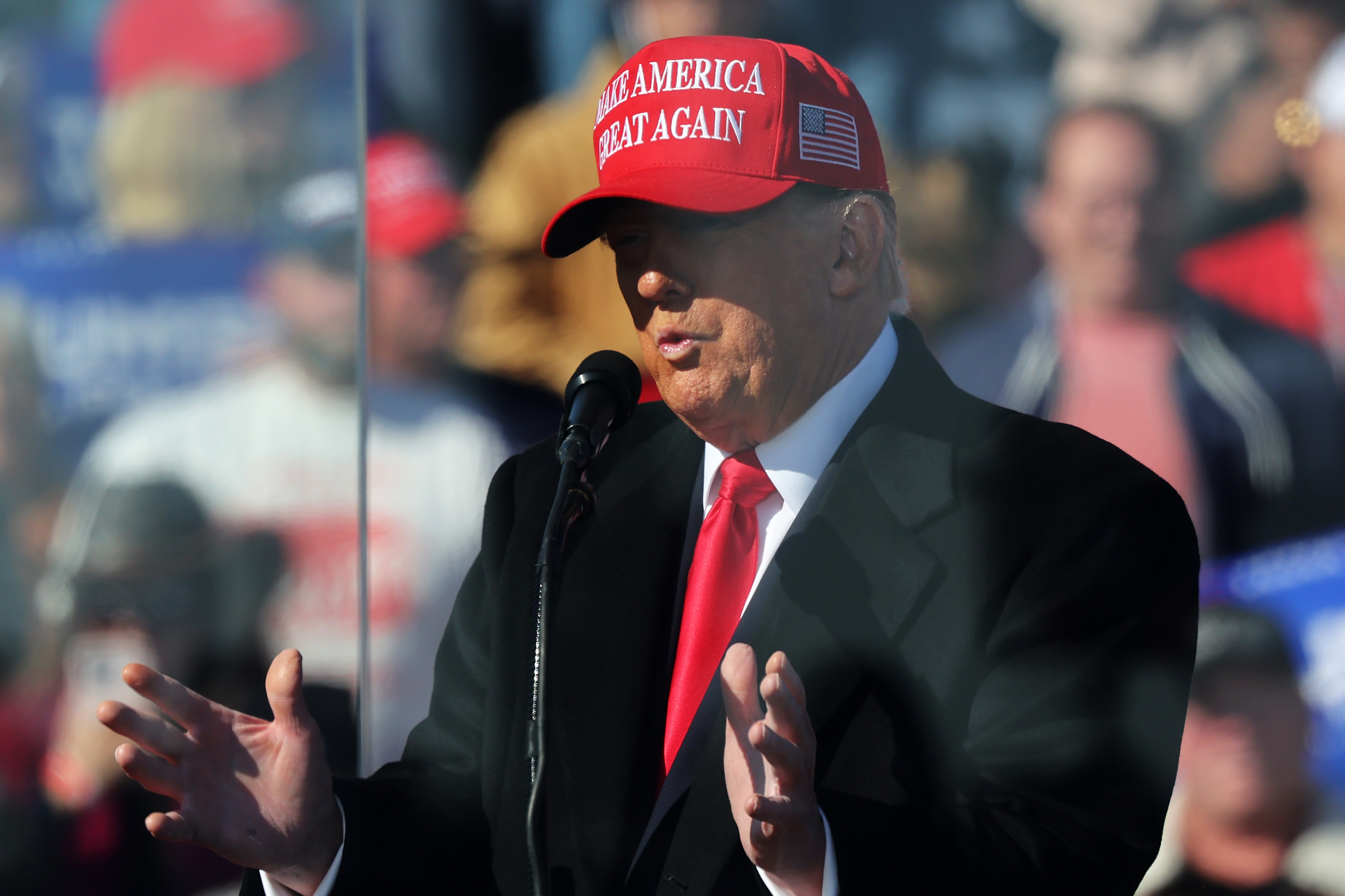 Trump speaks during a campaign rally at Lancaster Airport on November 3 in Lititz, Pennsylvania