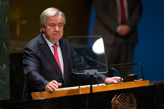 <p>United Nations Secretary-General Antonio Guterres addresses session of the United Nations General Assembly at UN headquarters</p>