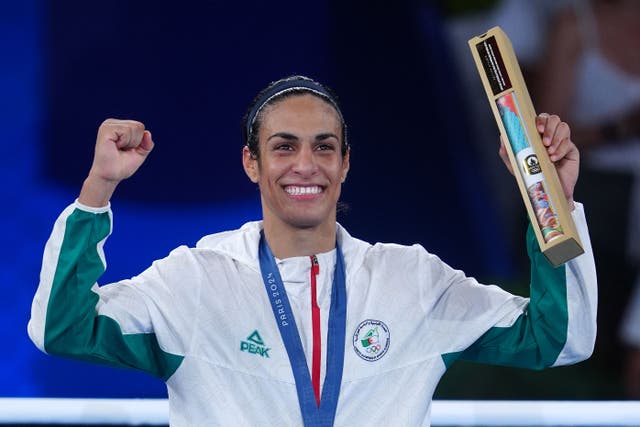 <p>Algeria’s Imane Khelif won Olympic welterweight gold amid allegations she had been disqualified from last year’s World Championships on gender eligibility grounds</p>