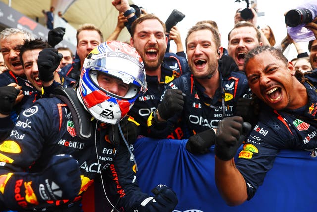 <p>Max Verstappen celebrates with his team after winning the Brazilian Grand Prix </p>