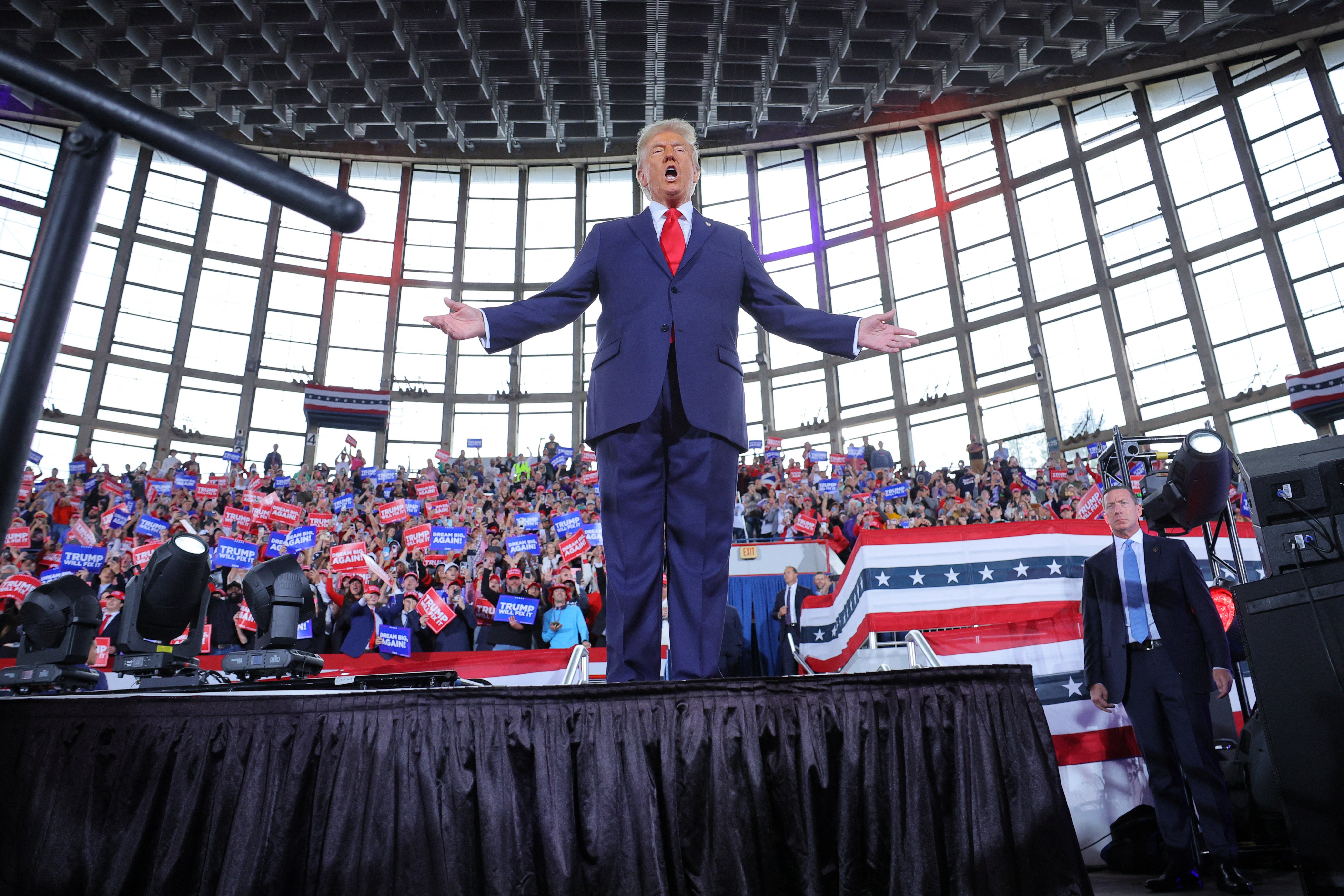 Donald Trump holds a campaign rally at JS Dorton Arena in Raleigh, North Carolina, on Monday