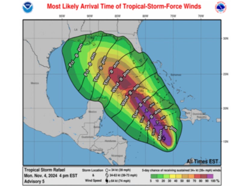 A projection from the National Hurricane Center showing the path and expected arrival time of Tropical Storm Raphael, which is expected to become a Category 1 or 2 hurricane late in the week