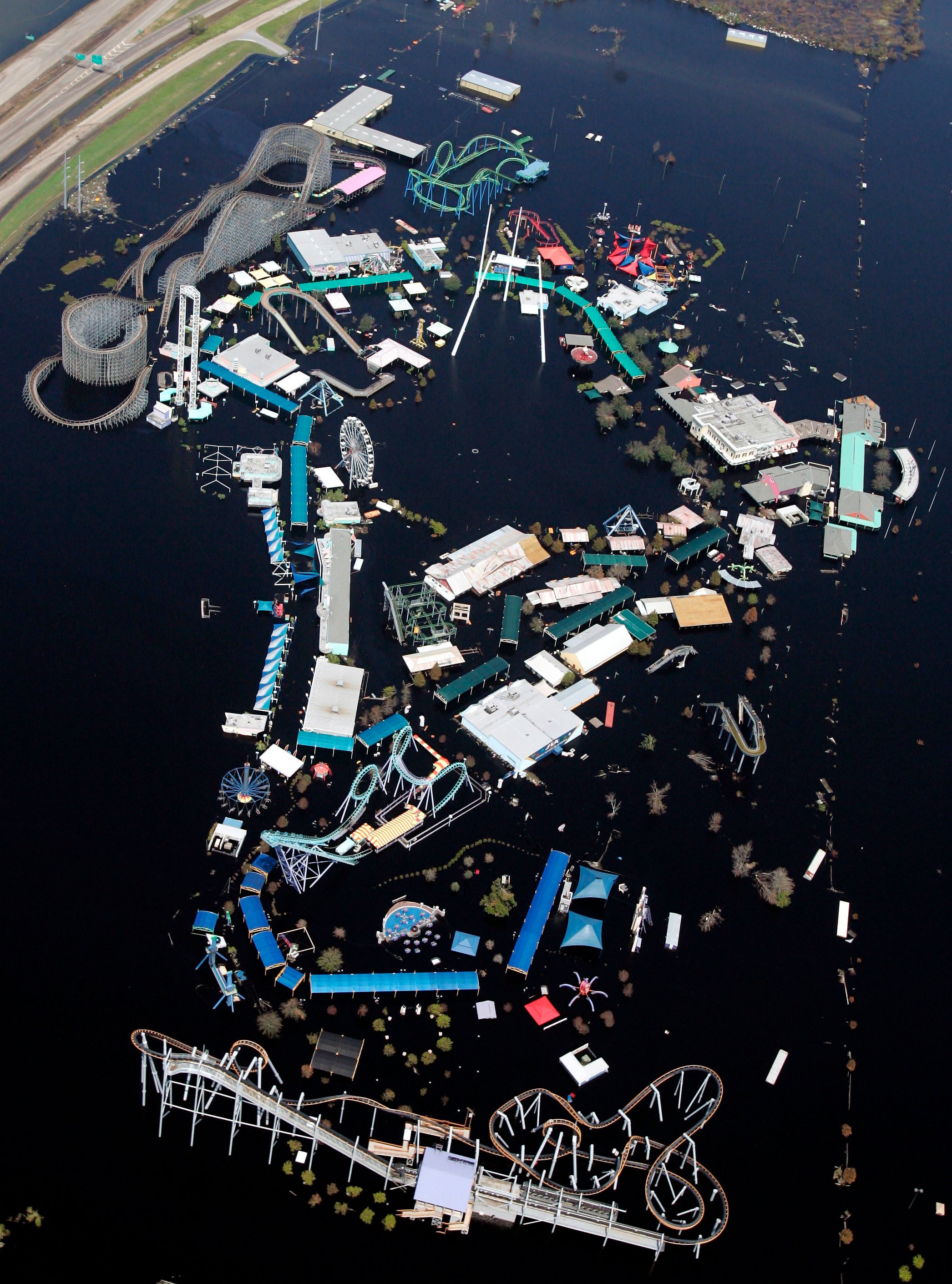 A Six Flags theme park is inundated by floodwater in the aftermath of Hurricane Katrina in New Orleans, Sept. 11, 2005.