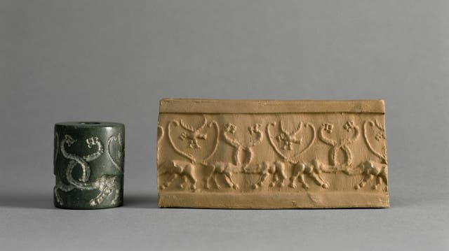 <p>A cylinder seal, left, and its design is imprinted on clay. Cylinder seals were made out of stone and are another piece of the puzzle in understanding the origins of writing in Mesopotamia. </p>