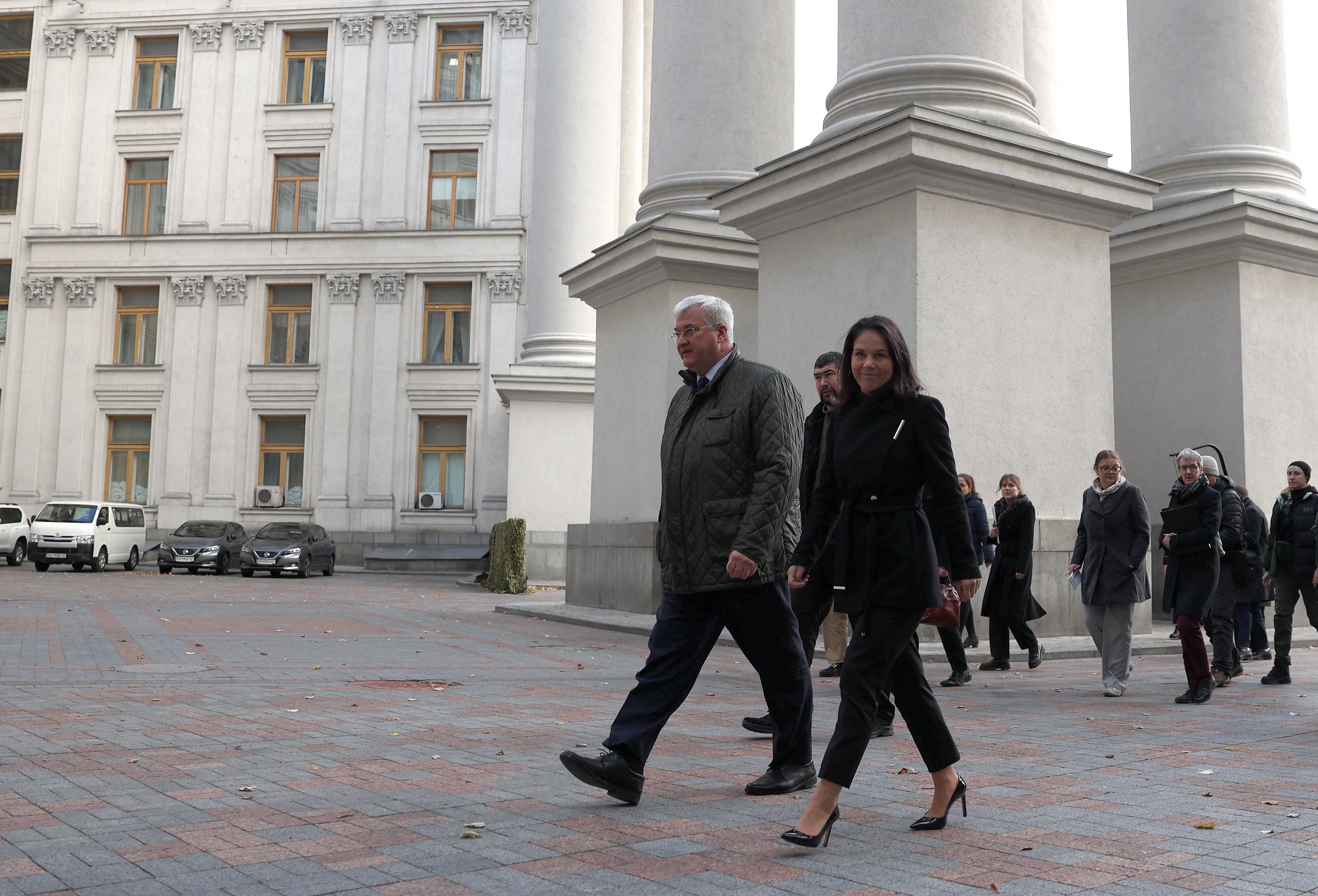 German foreign minister Annalena Baerbock and Ukrainian foreign minister Andrii Sybiha arrive for a meeting at the ministry of foreign affairs of Ukraine in Kyiv