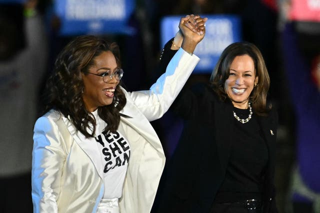 <p>Oprah Winfrey with Kamala Harris during a campaign rally in Philadelphia on 4 November 2024</p>