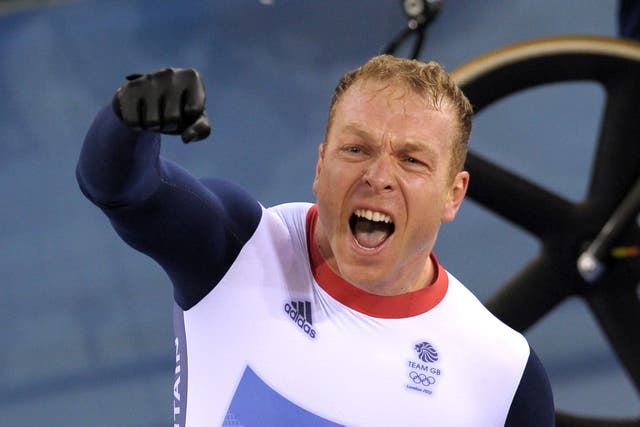 <p>Sir Chris Hoy celebrating gold in the Men’s Keirin at the London 2012 Olympics</p>