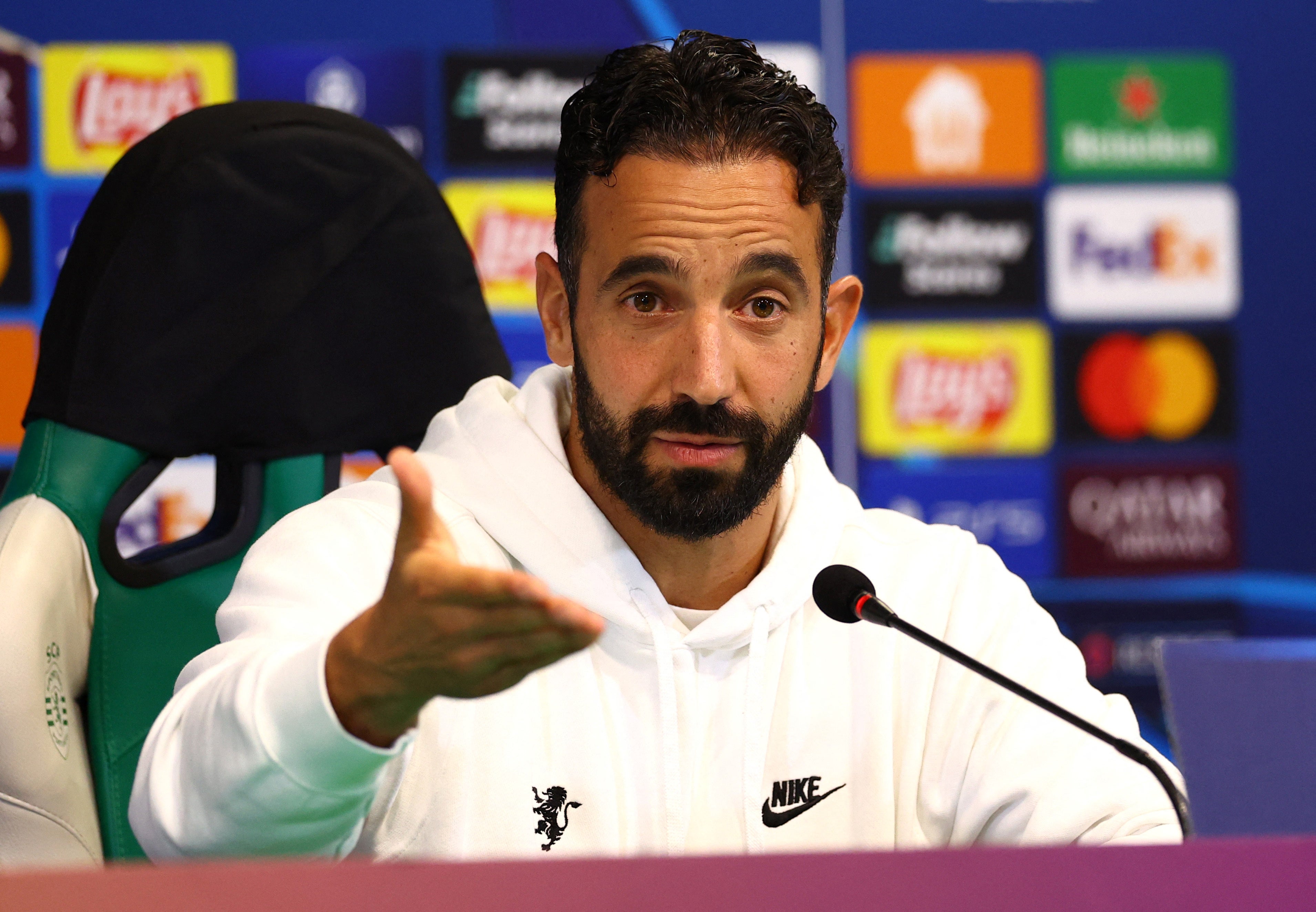 Ruben Amorim engages with the media before Sporting’s match against Manchester City